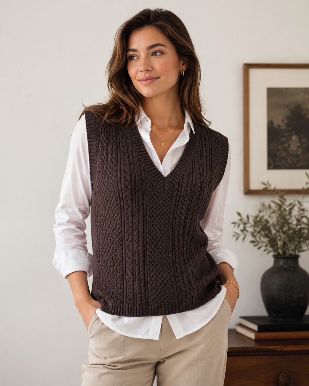 Talbots Petites M Brown Cable Knit Cashmere Blend Sweater Vest V Neck